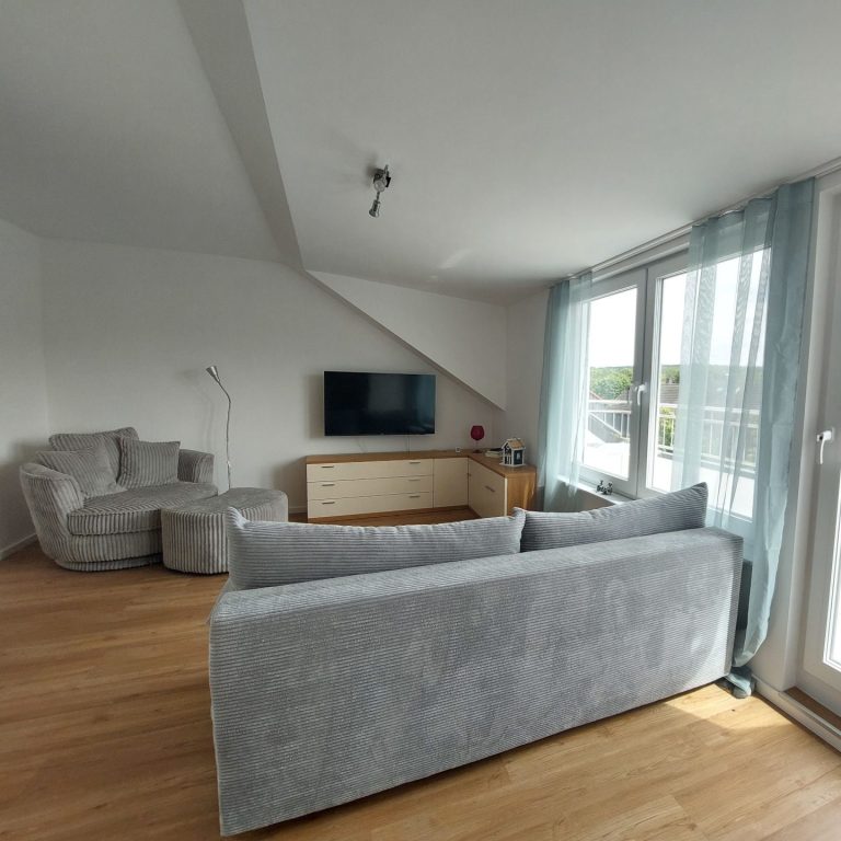 Helle Wohnung mit grauem Sofa, Fernseher und großen Fenstern.